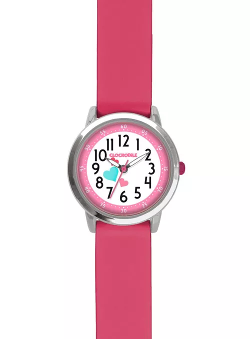 CLOCKODILE Růžové dívčí dětské hodinky se srdíčky a tmavě růžovým silikonovým řemínkem