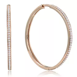 MINET Rose gold stříbrné náušnice hranaté kruhy 4 cm s bílými zirkony