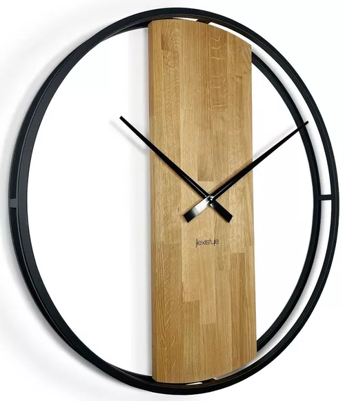 Flexistyle z231 - extra velké 80 cm nástěnné hodiny s kovovým rámem a dřevem z přírodního dubu kruh