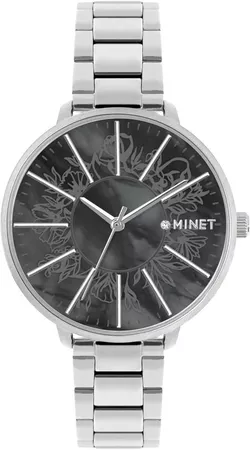 MINET Stříbrno-černé dámské hodinky PRAGUE Black Flower MWL5178