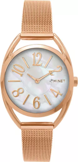 MINET Růžové dámské hodinky s čísly ICON ROSE GOLD PEARL MESH MWL5216