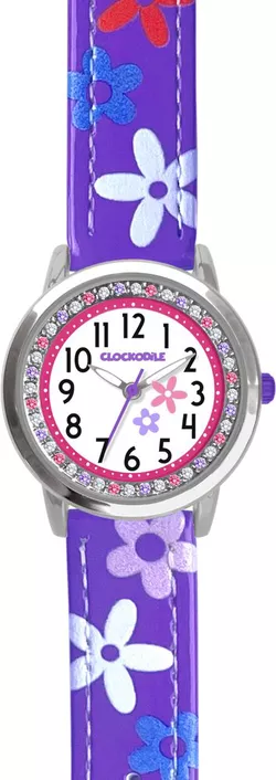 CLOCKODILE Fialové dívčí dětské hodinky s kamínky a kytičkami